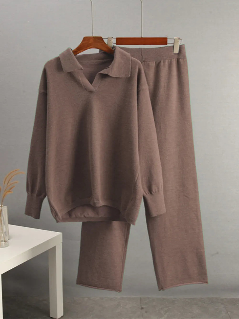 Johnny Collar Long Sleeve Top and Pants Sweater Set Easy Apparels