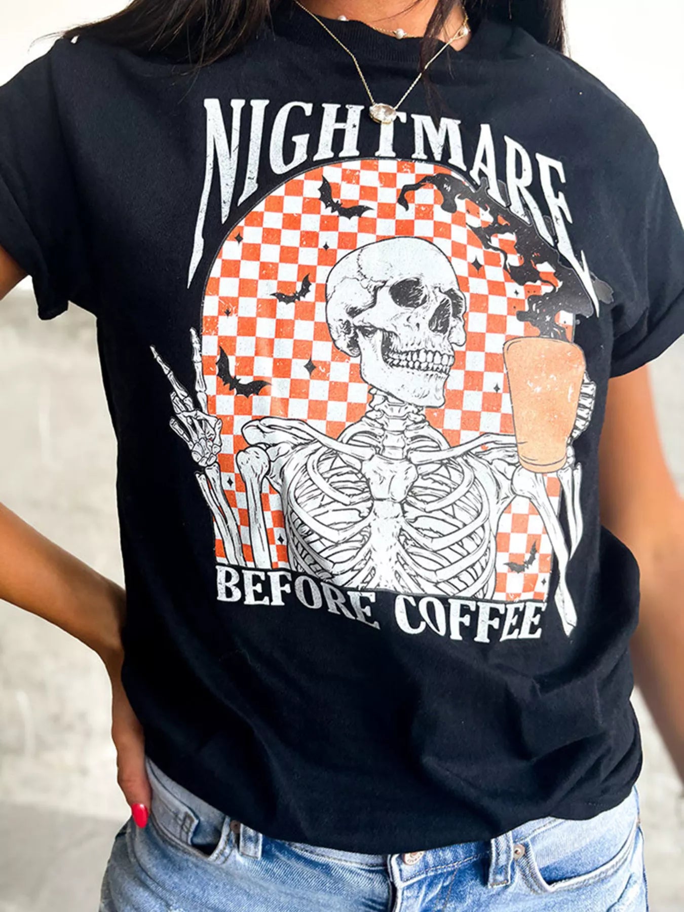 Halloween Skull Checkerboard Graphic Round Neck Tee Easy Apparels