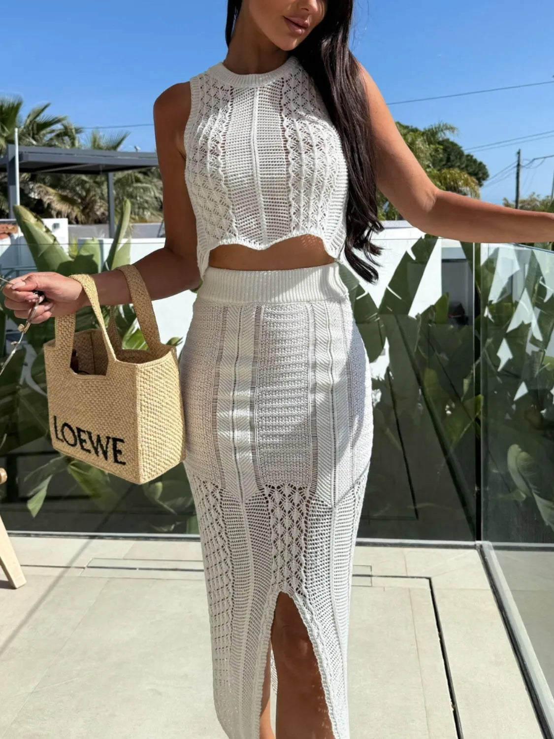 Openwork Round Neck Top and Slit Skirt Sweater Set Easy Apparels