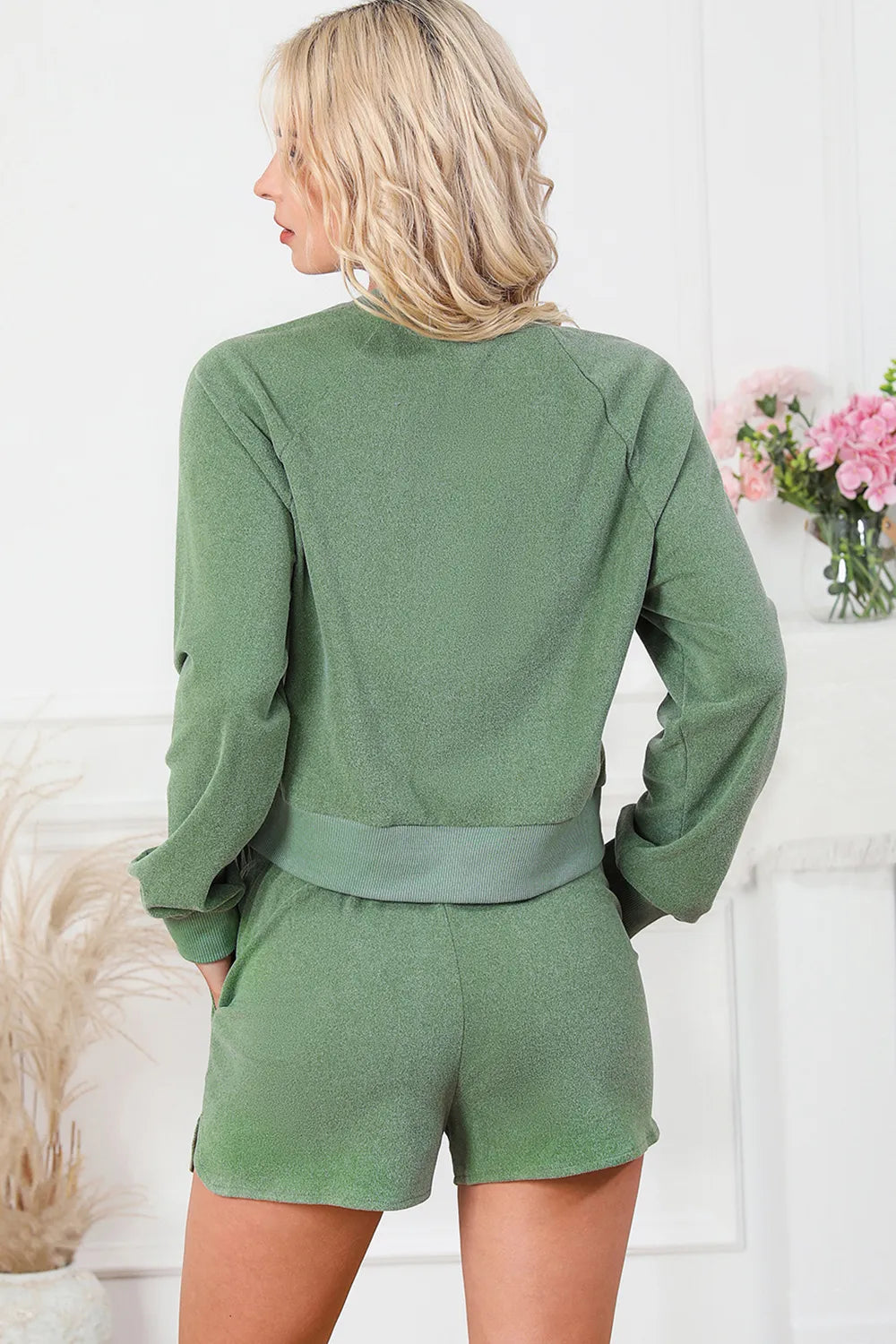 Round Neck Long Sleeve Top and Drawstring Shorts Lounge Set Easy Apparels