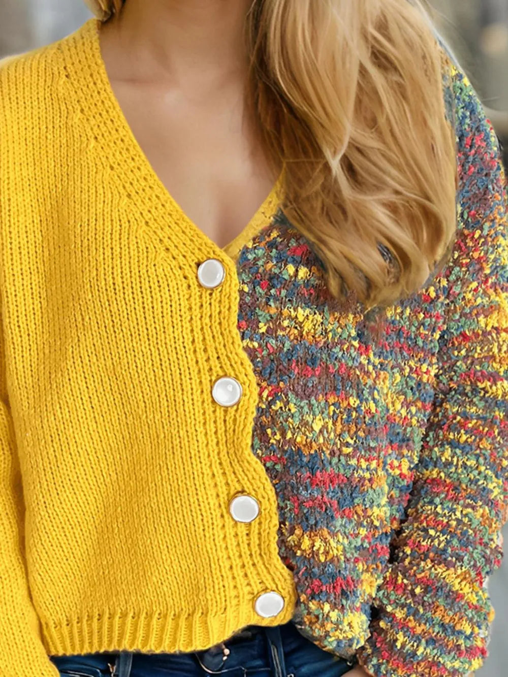 Contrast Button Up V-Neck Cropped Cardigan Easy Apparels