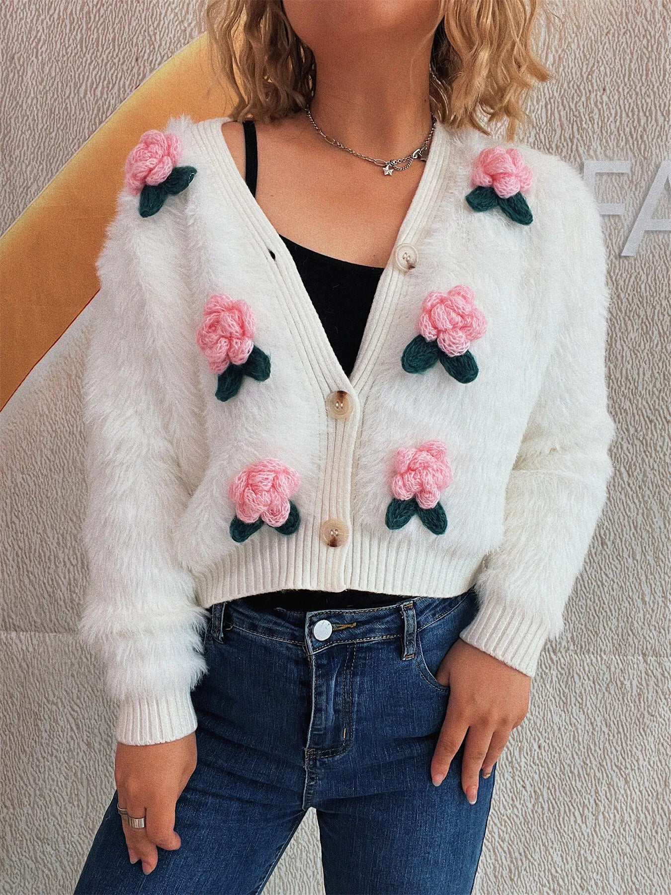 Flower Fuzzy Button-Up Cardigan Easy Apparels