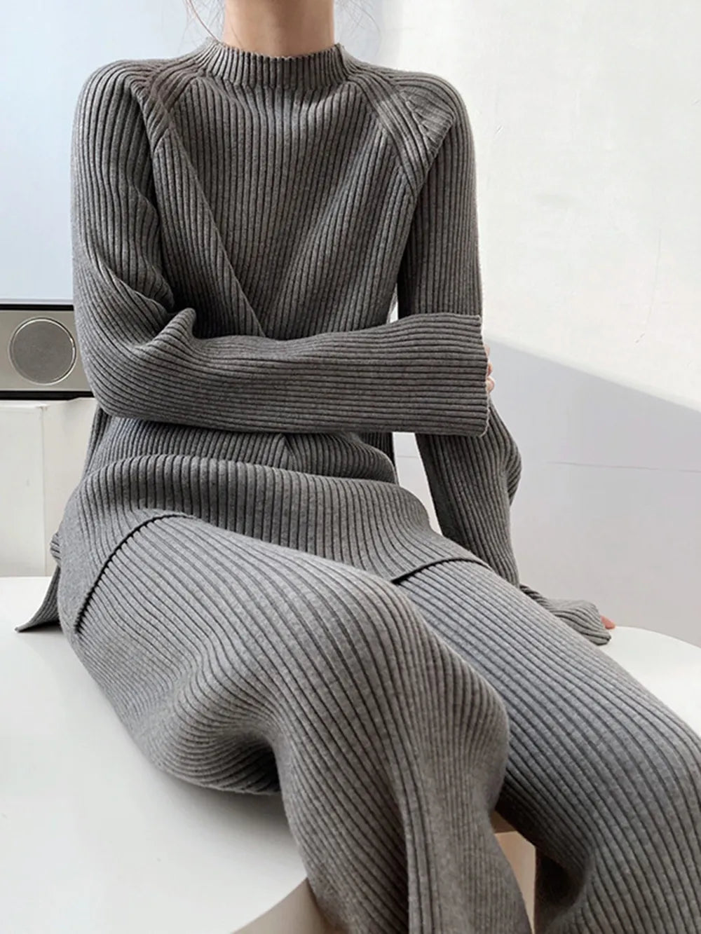 Mock Neck Raglan Sleeve Top and Pants Sweater Set Easy Apparels
