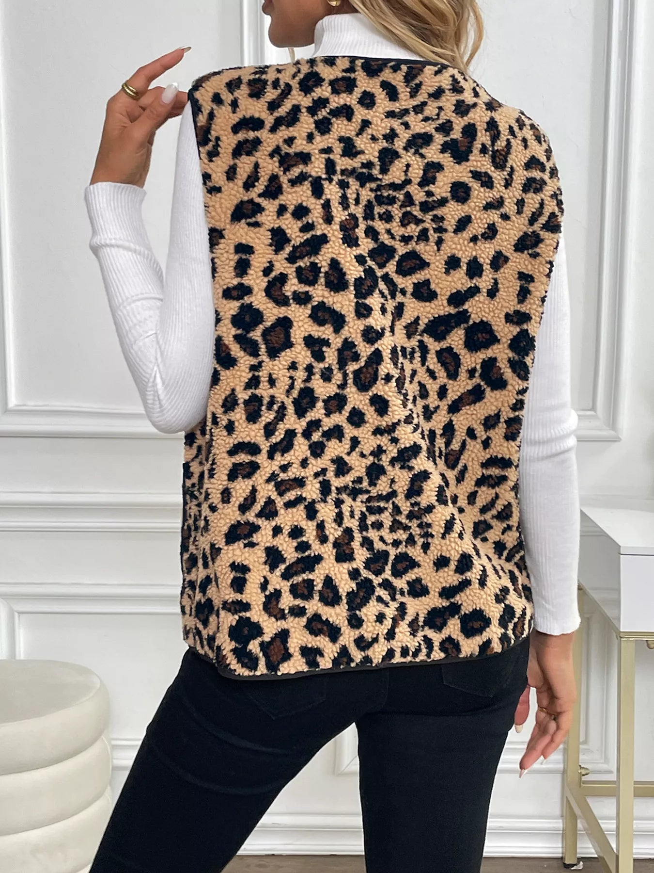 Leopard Fleece Vest Coat with Pockets Easy Apparels