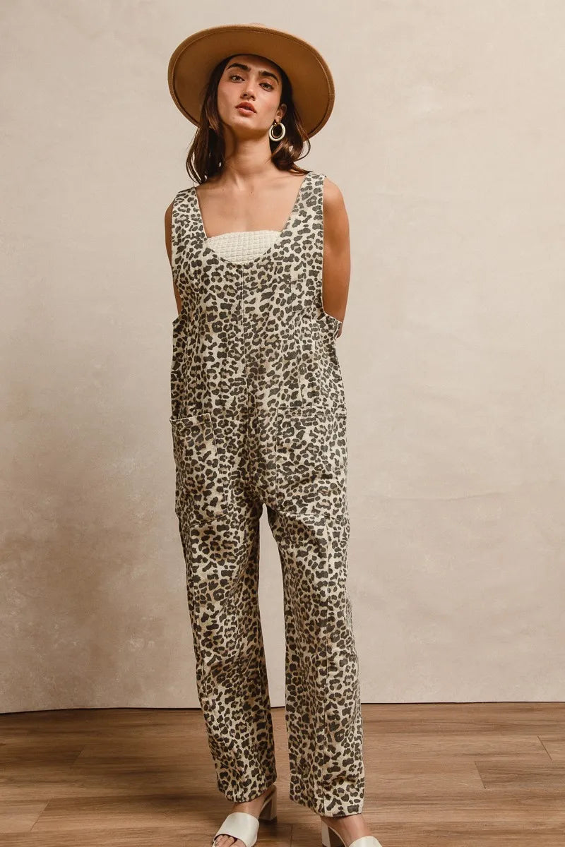 BiBi Leopard Print Adjustable Strap U Neck Jumpsuit Easy Apparels