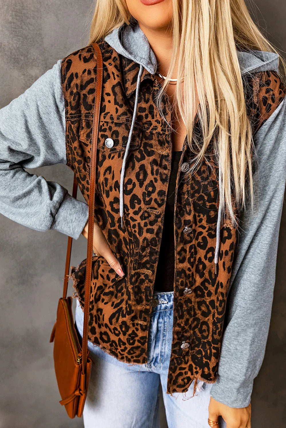 Leopard Distressed Drawstring Hooded Denim Jacket Easy Apparels