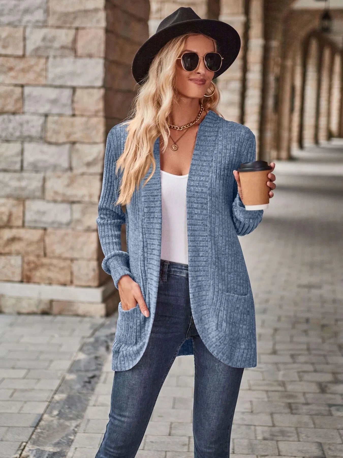 Ribbed Open Front Long Cardigan with Pockets Easy Apparels