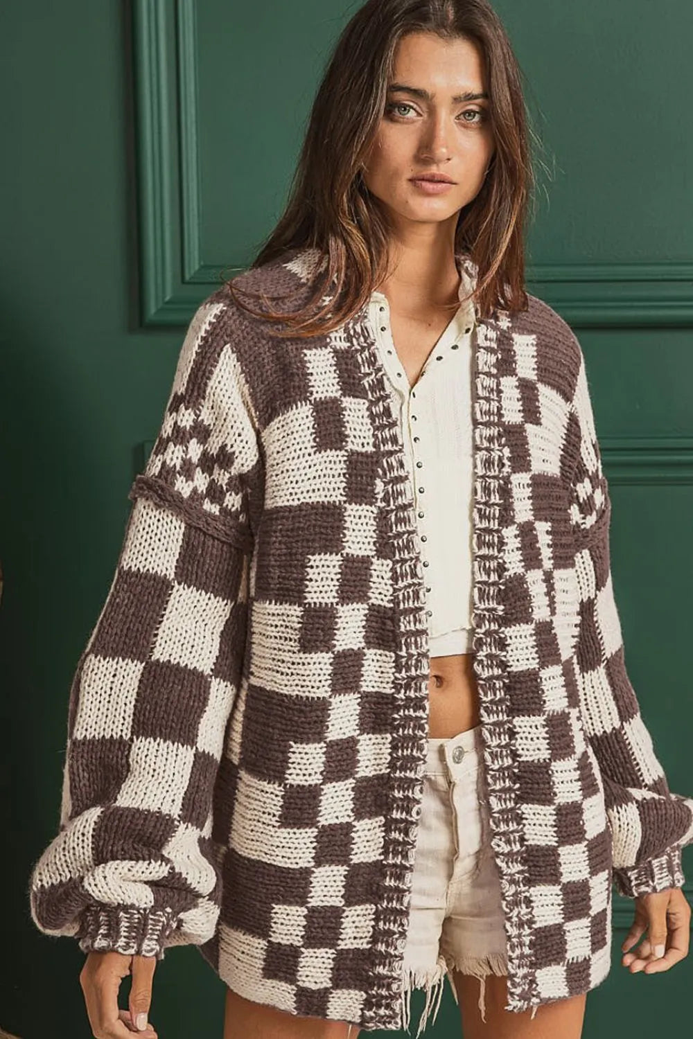 Checkered Open Front Long Sleeve Cardigan Easy Apparels