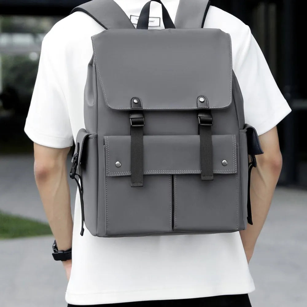 PU Leather Multi-Pockets Adjustable Strap Backpack Bag Gray One Size Easy Apparels