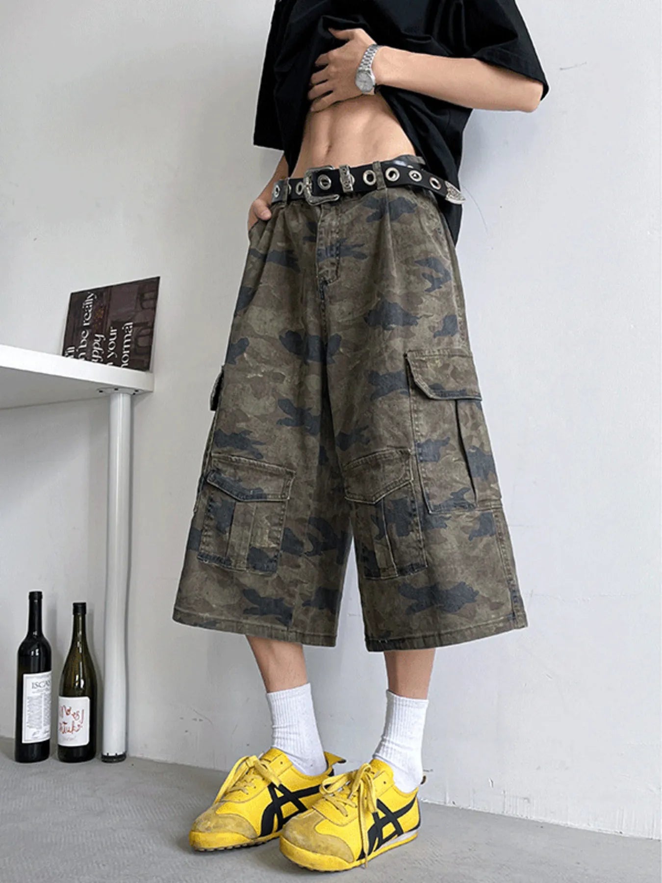 Men's Full Size Camouflage Wide Leg Denim Shorts Plus Size Green Camouflage Easy Apparels