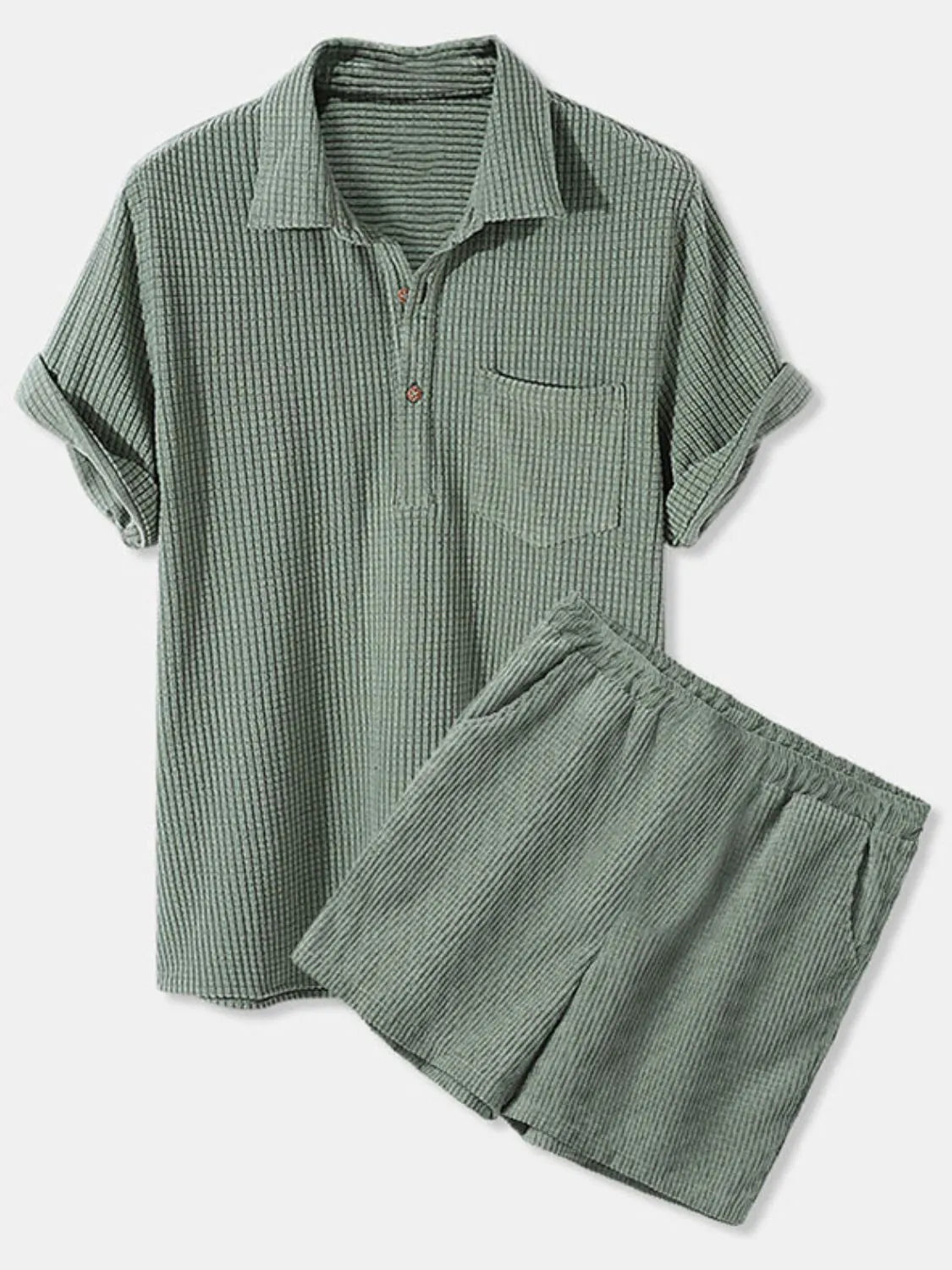 Men's Full Size Button Detail Short Sleeve Top and Shorts Set Plus Size Green Easy Apparels