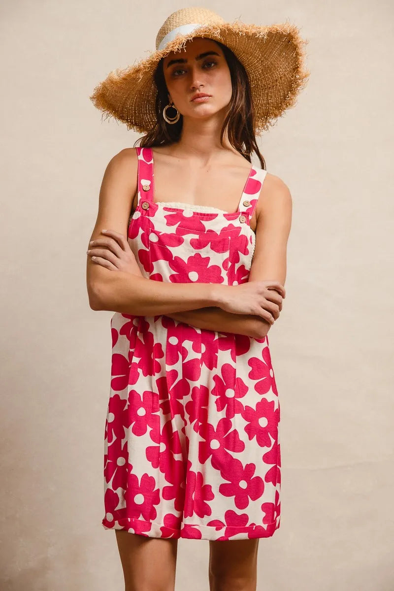 BiBi Floral Prints Tuck Detail Short Overall With Pockets Easy Apparels