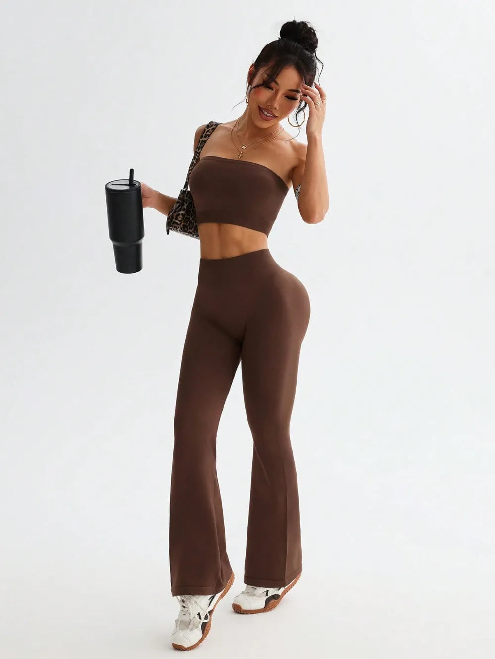 Tube Top and High Waist Flare Pants Active Set Easy Apparels