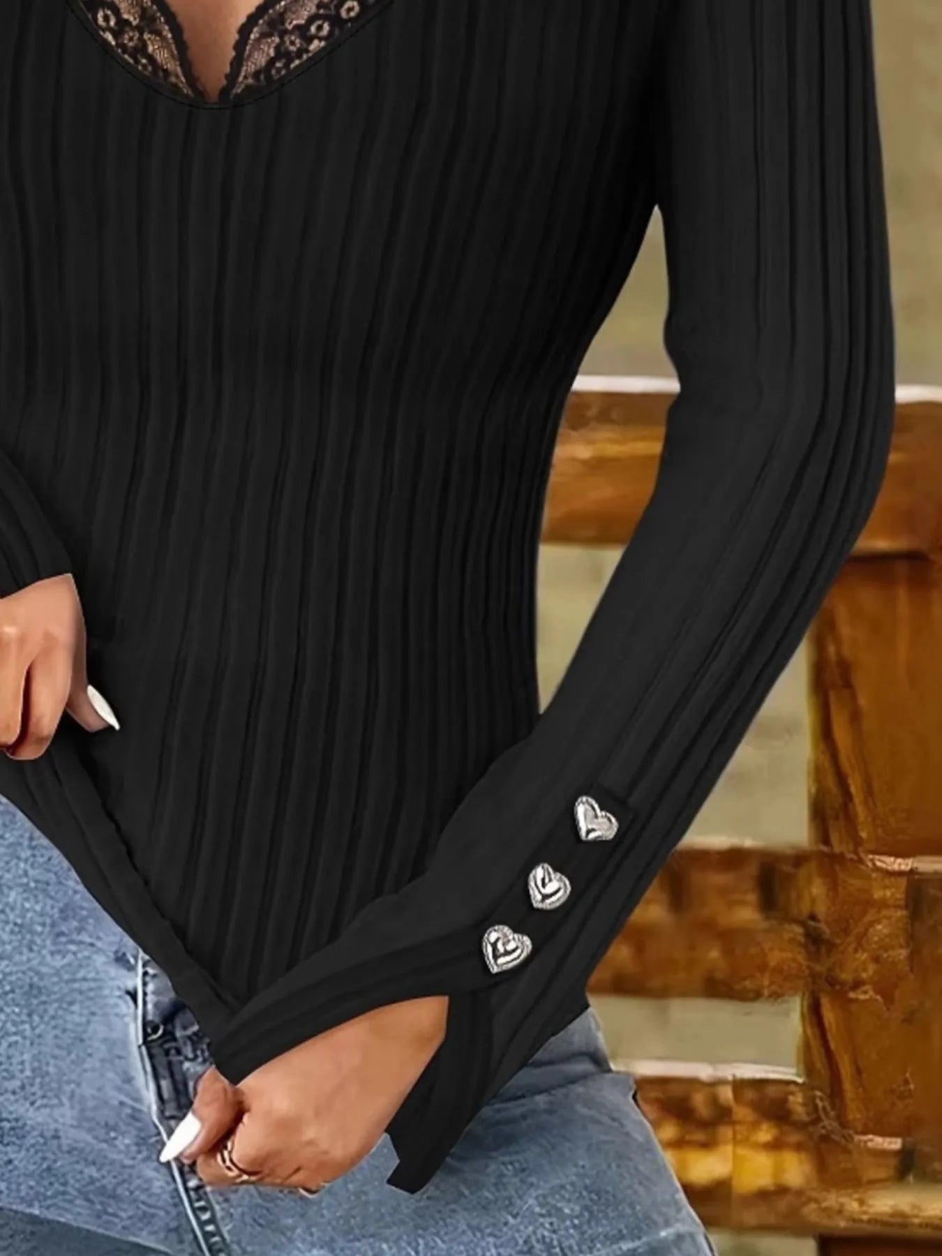 Trendsi Full Size Ribbed V-Neck Lace Trim Long Sleeve T-Shirt Plus Size