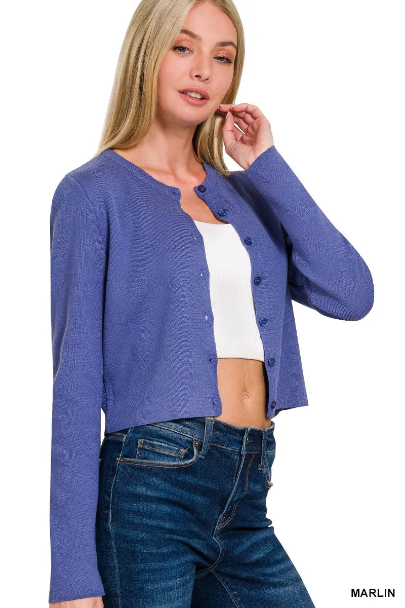 Zenana Button-Front Crewneck Long Sleeve Cropped Cardigan Easy Apparels