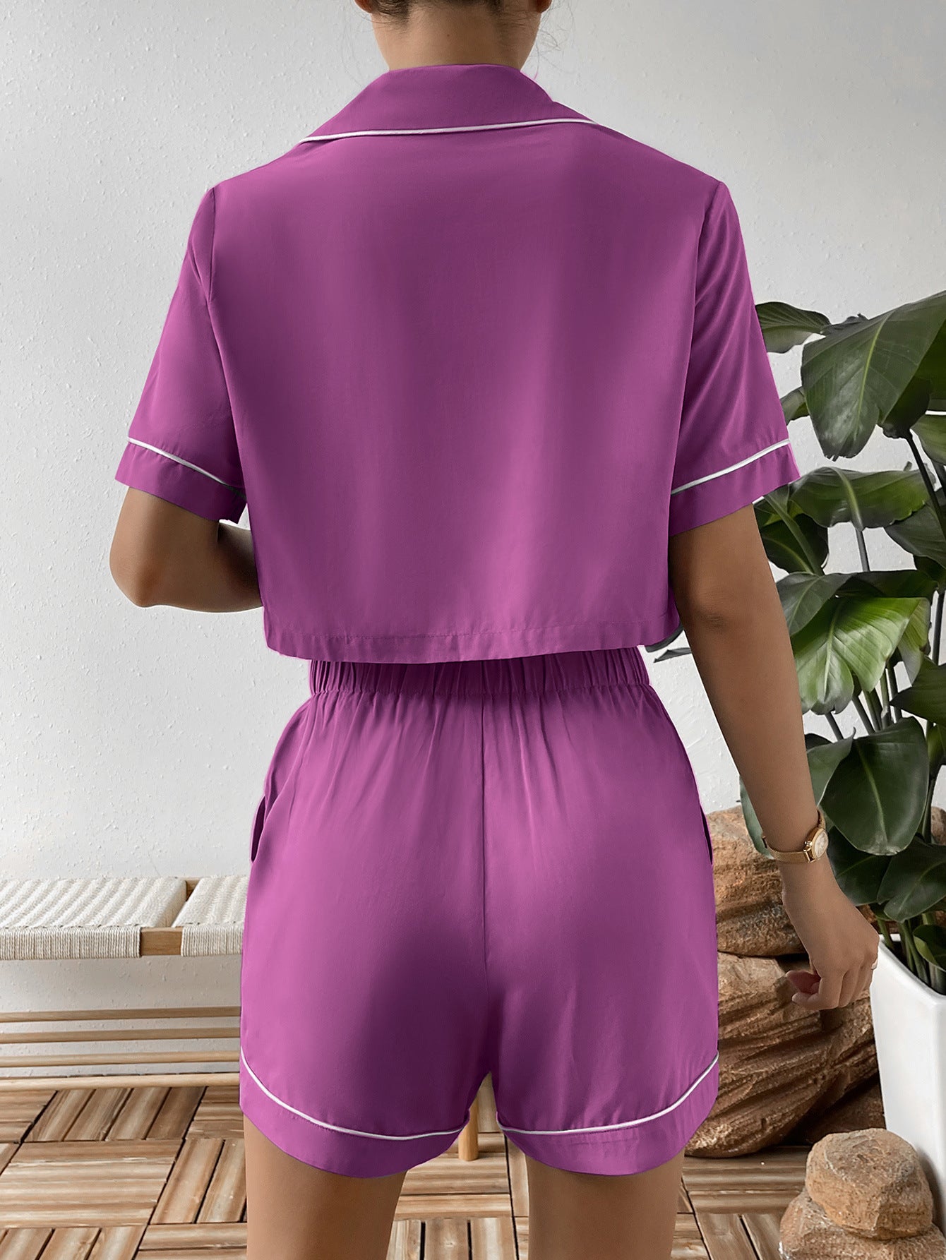 Ivy Lane Contrast Lapel Collar Cropped Shirt and Shorts Lounge Set Easy Apparels