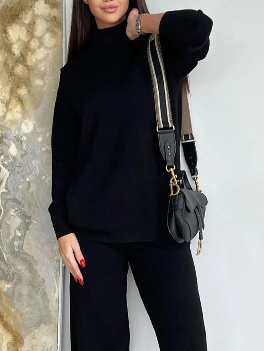 Turtleneck Long Sleeve Top and Drawstring Pants Sweater Set Black One Size Easy Apparels