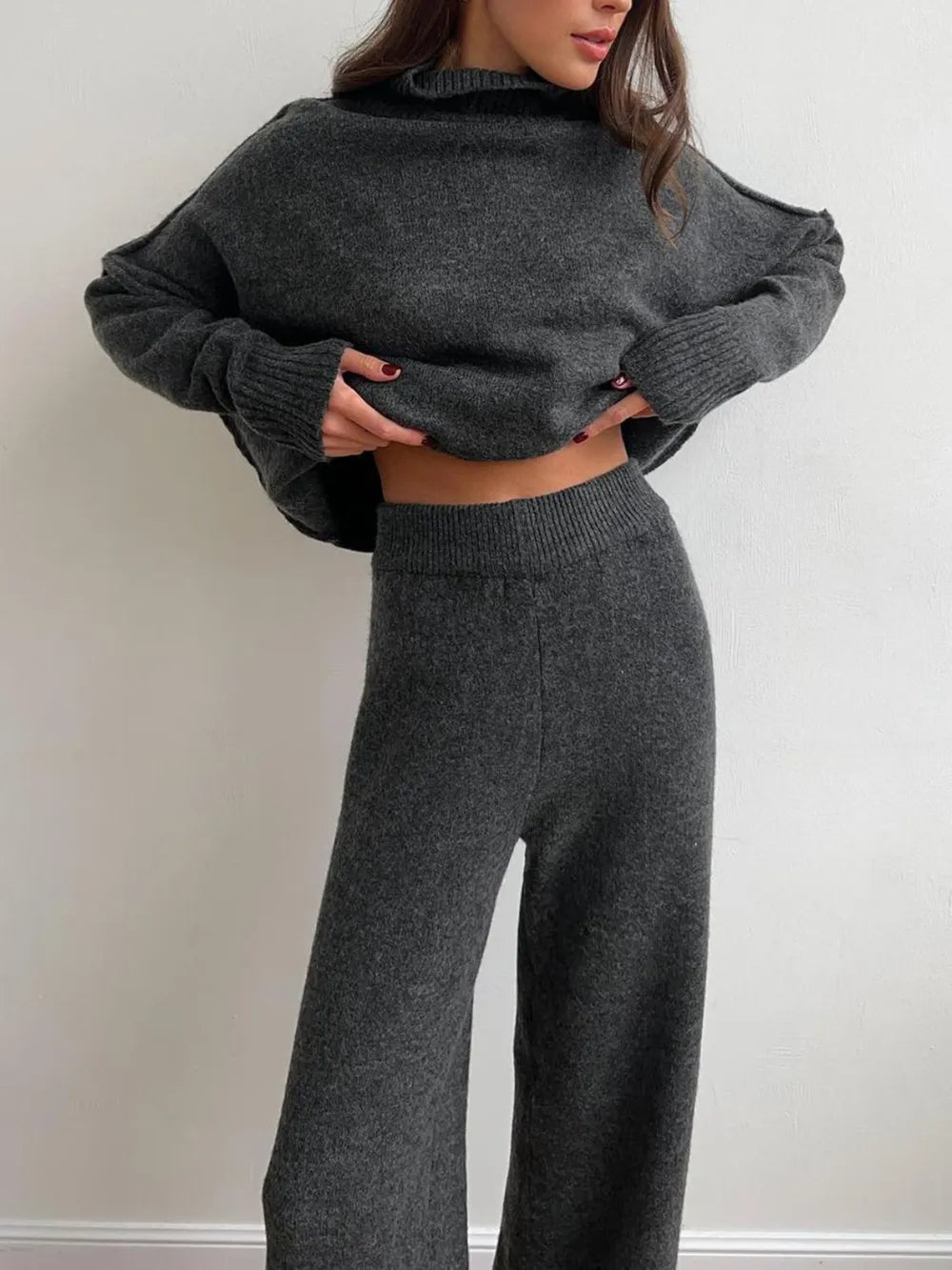 Slit Turtleneck Long Sleeve Top and Pants Sweater Set Dark Gray One Size Easy Apparels