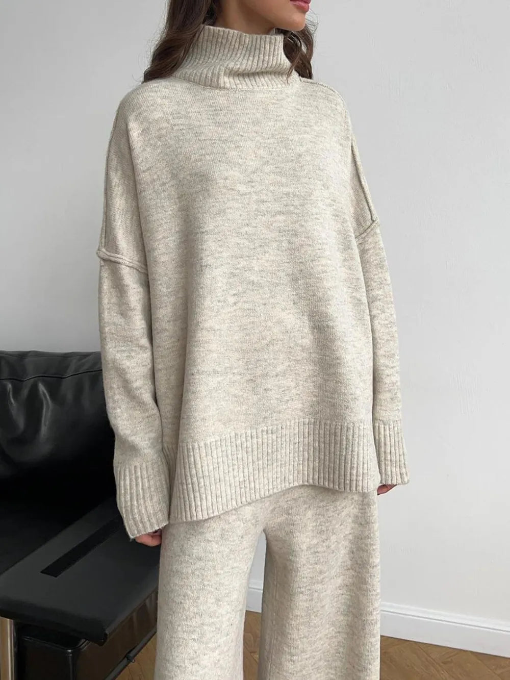 Slit Turtleneck Long Sleeve Top and Pants Sweater Set Beige One Size Easy Apparels
