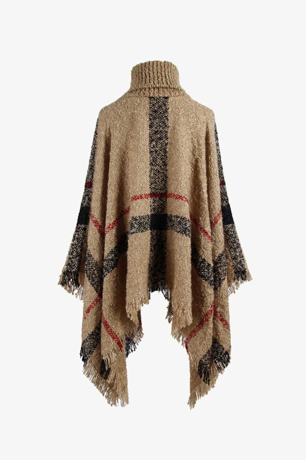 Plaid Turtleneck Raw Hem Poncho Easy Apparels