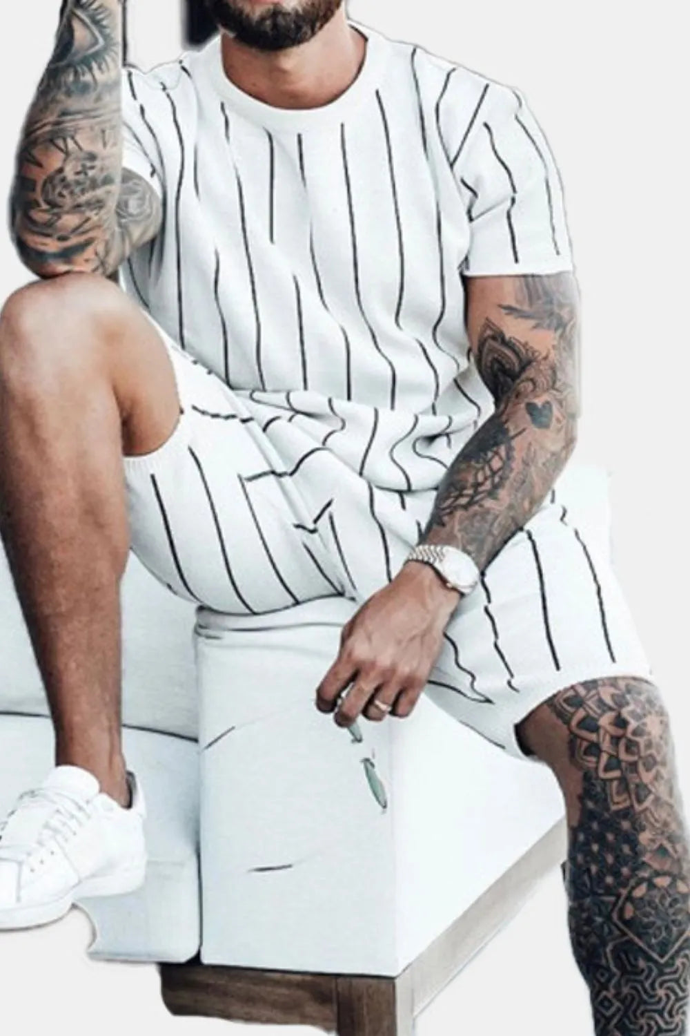 Men's Full Size Striped Casual Top and Shorts Summer Set Plus Size Easy Apparels