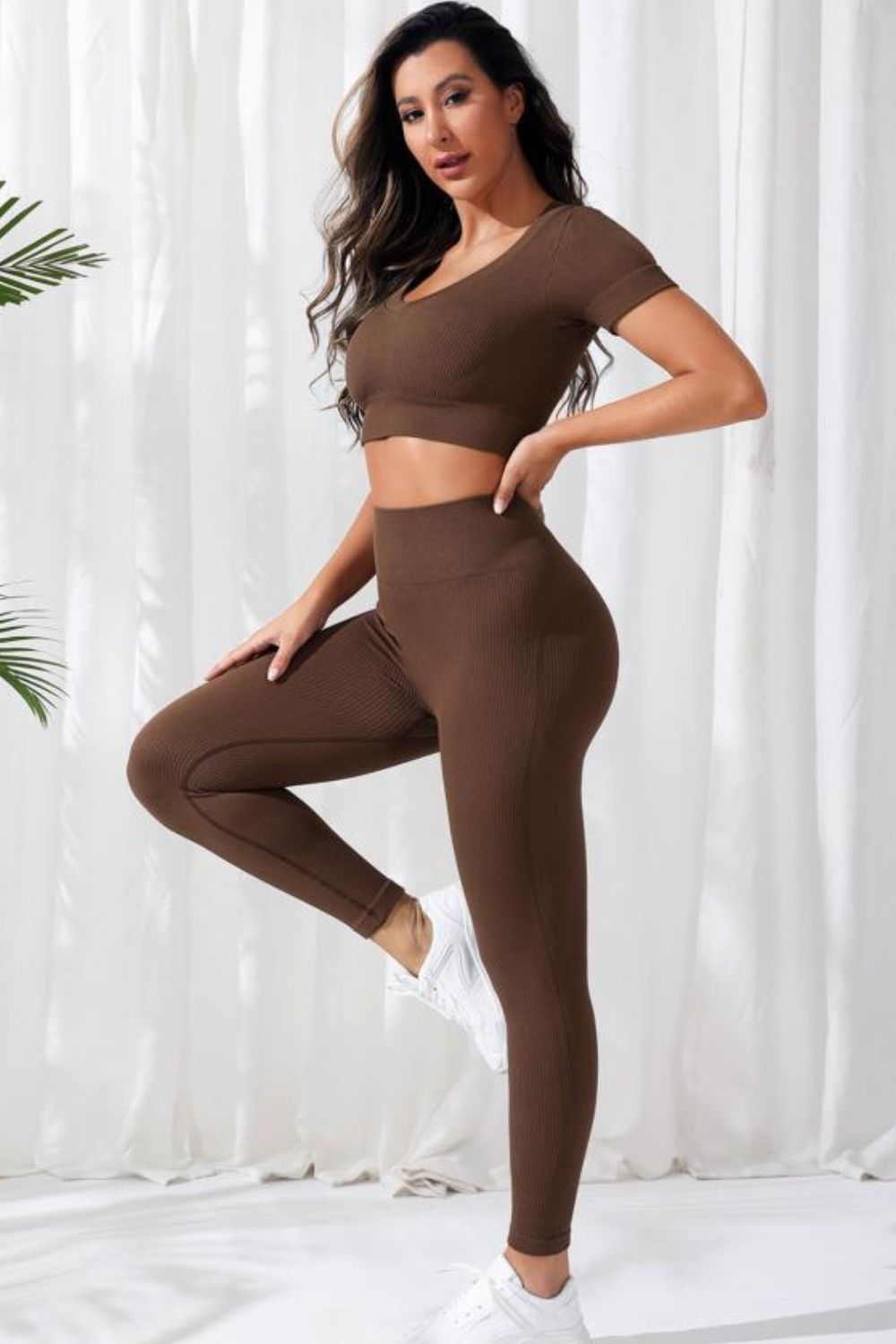 V-Neck Crop Top and High Waistband Long Active Pants Easy Apparels