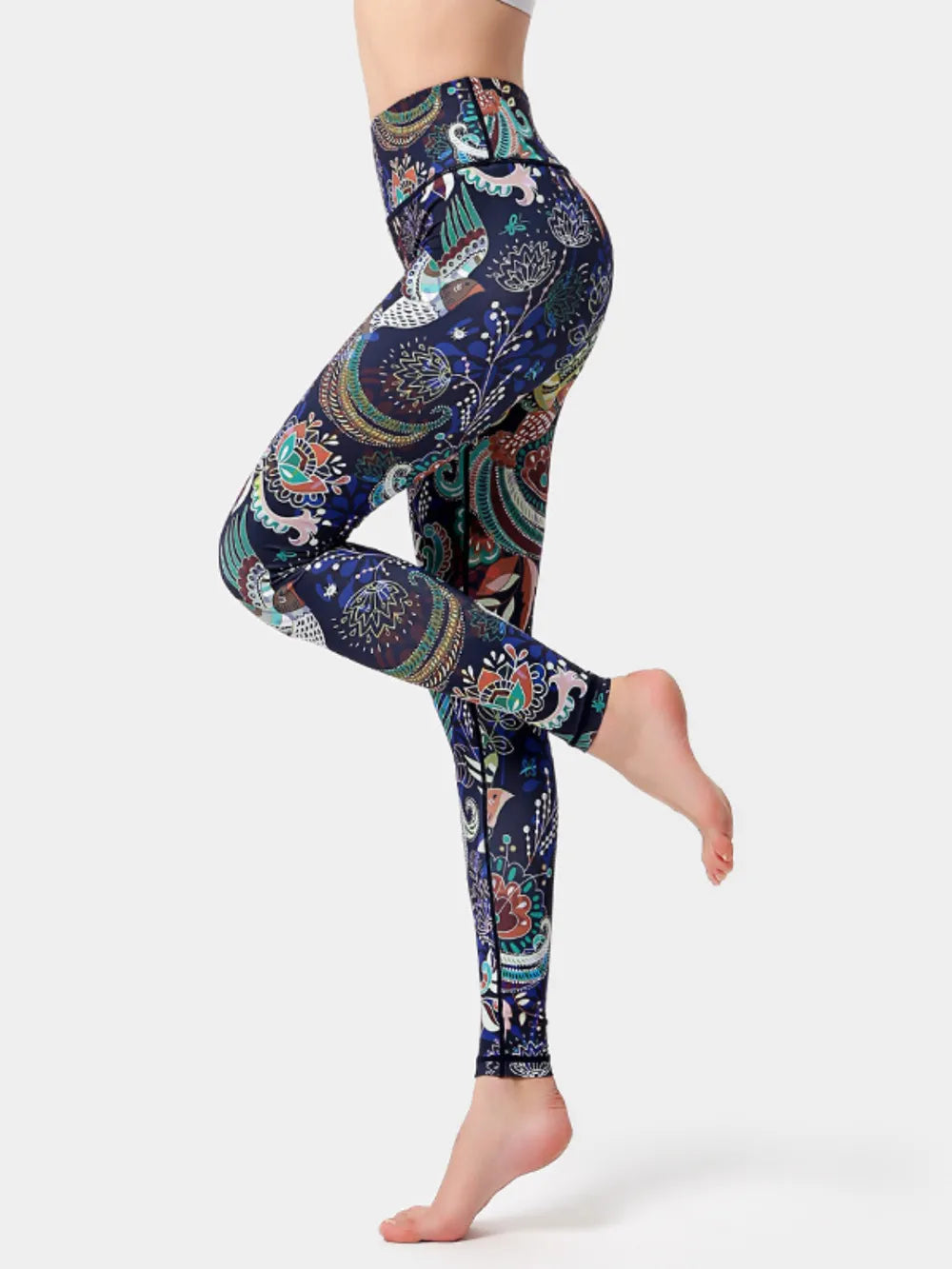 Printed High Waist Active Leggings Peacock Blue Easy Apparels