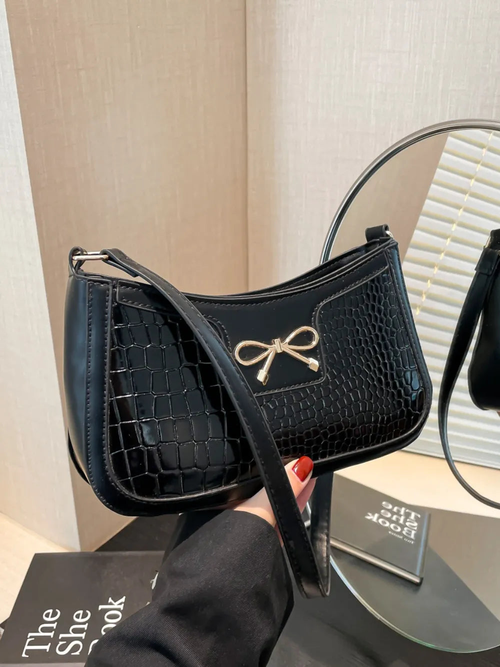 Crocodile Pattern Shoulder Bag with Bow Detail Black One Size Easy Apparels