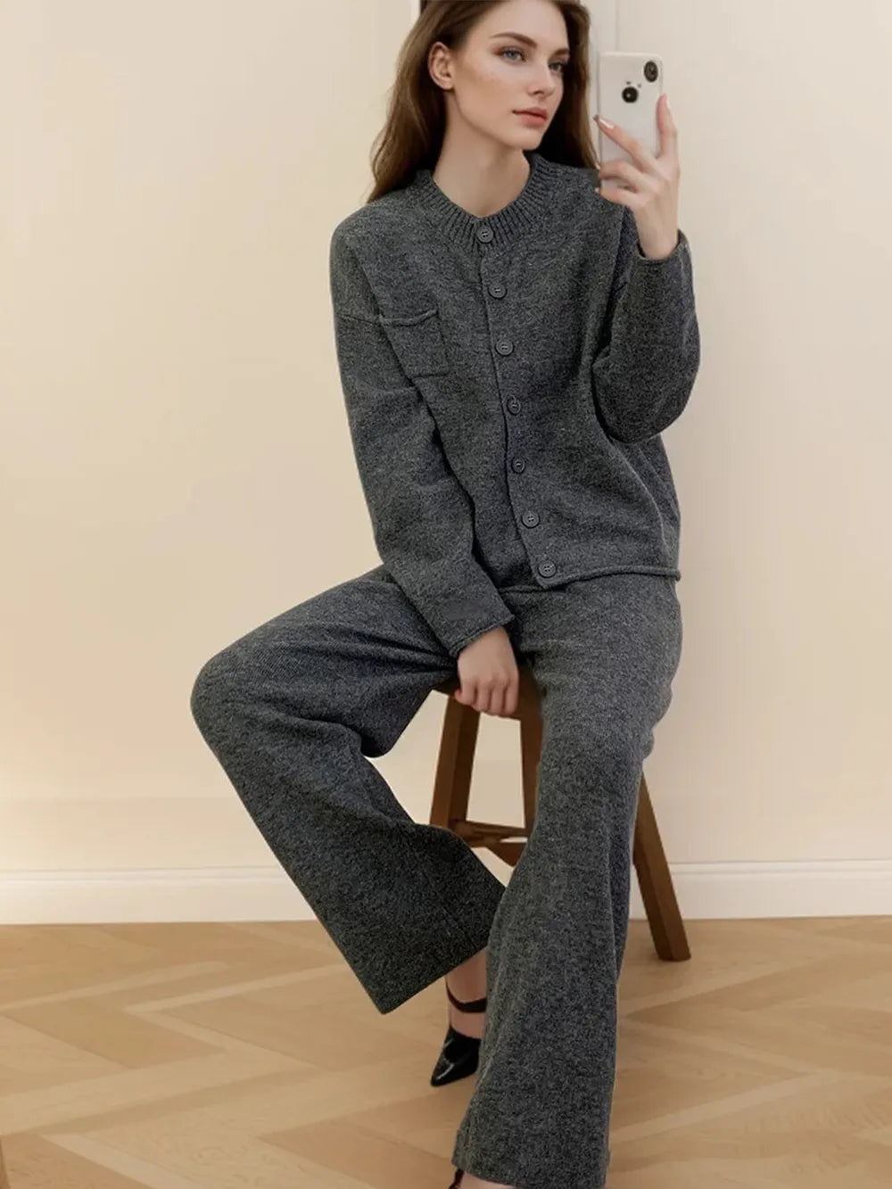 Pocketed Round Neck Button Up Cardigan and Pants Sweater Set Dark Gray One Size Easy Apparels