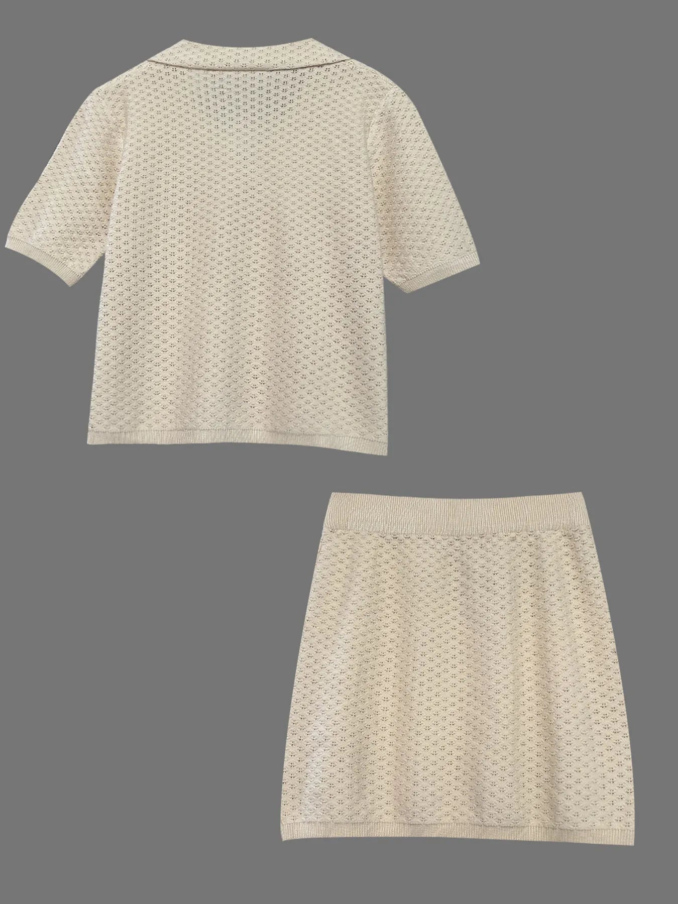 Openwork Button Up Top and Skirt Sweater Set Easy Apparels