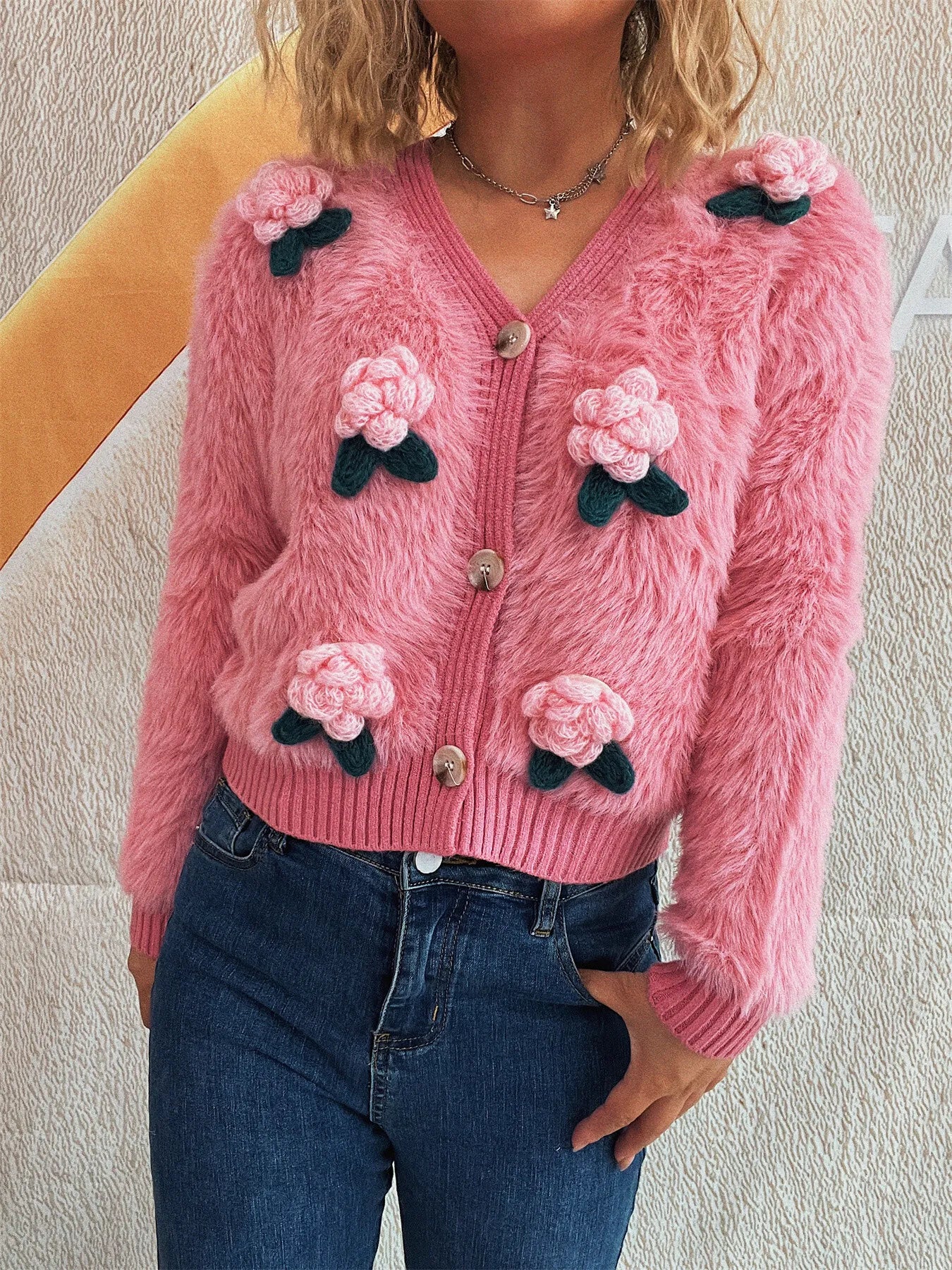 Flower Fuzzy Button-Up Cardigan Easy Apparels