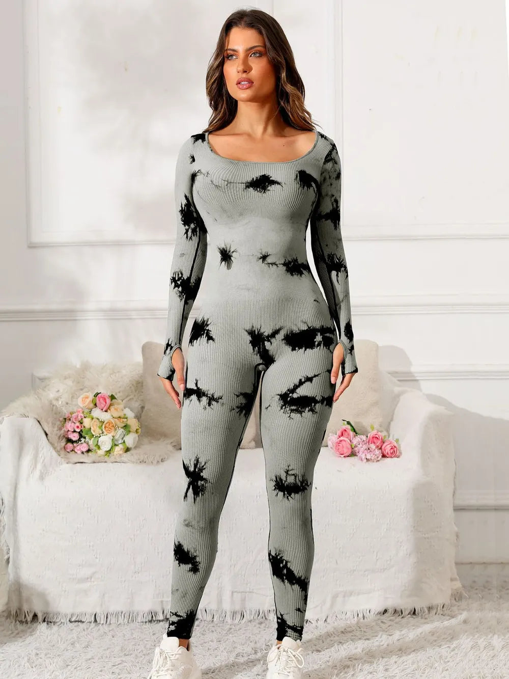 Scoop Neck Long Sleeve Active Jumpsuit Easy Apparels