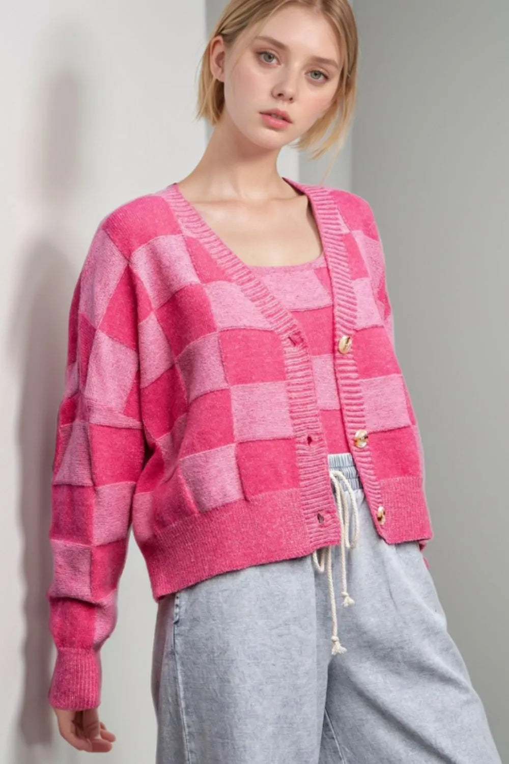 Checkered V-Neck Long Sleeve Cardigan Easy Apparels