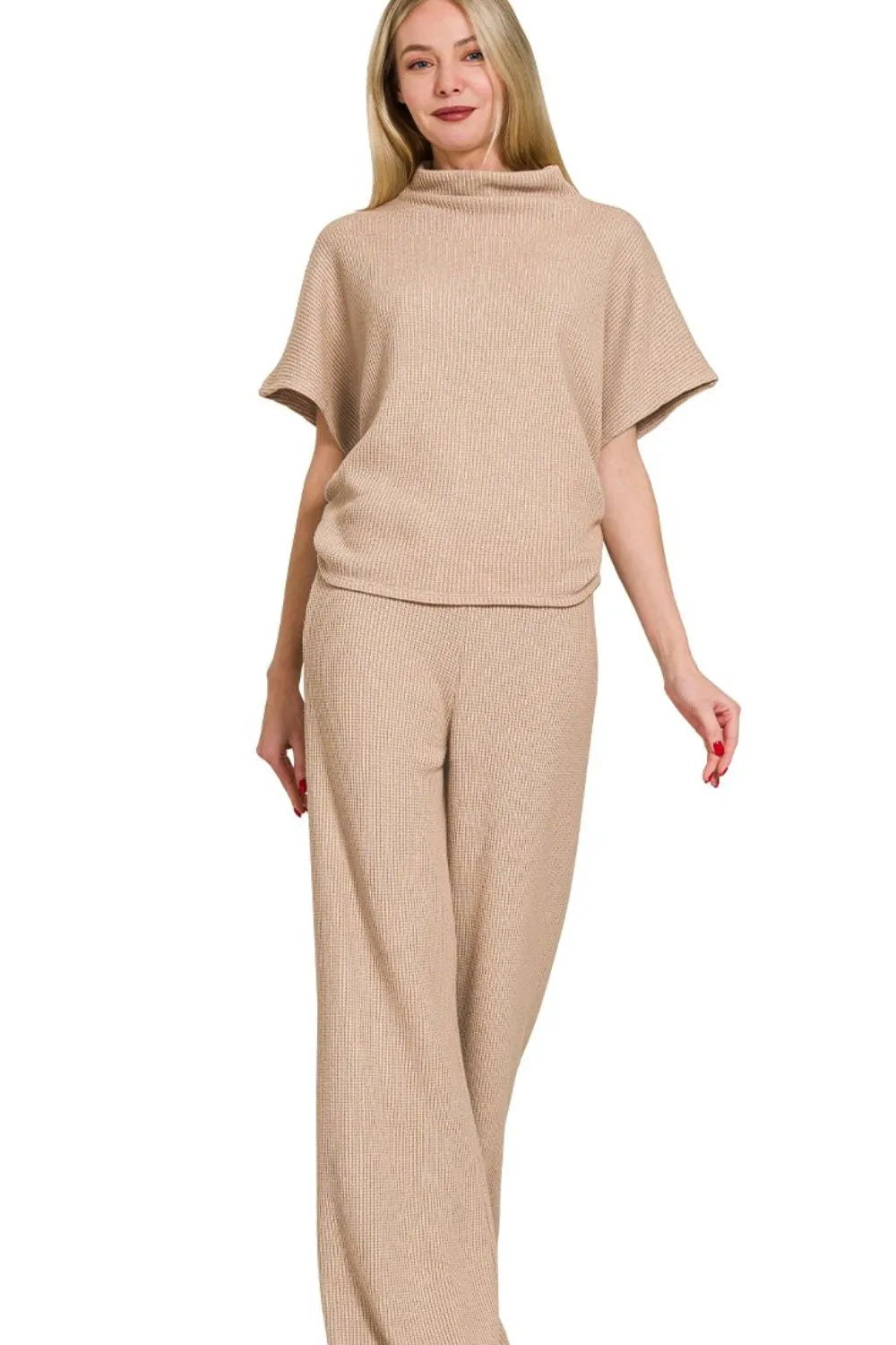 Zenana Sweater Mock Neck Top & Long Pants Set LT MOCHA Easy Apparels