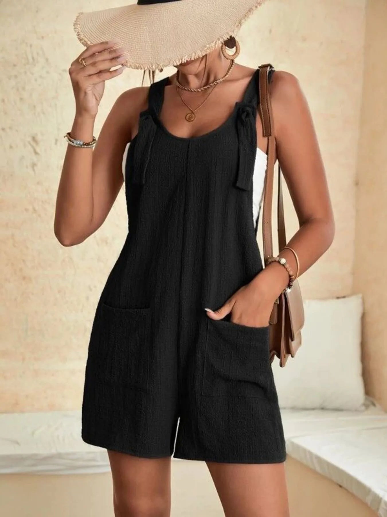 Full Size Knot Strap Romper with Pockets Plus Size Easy Apparels