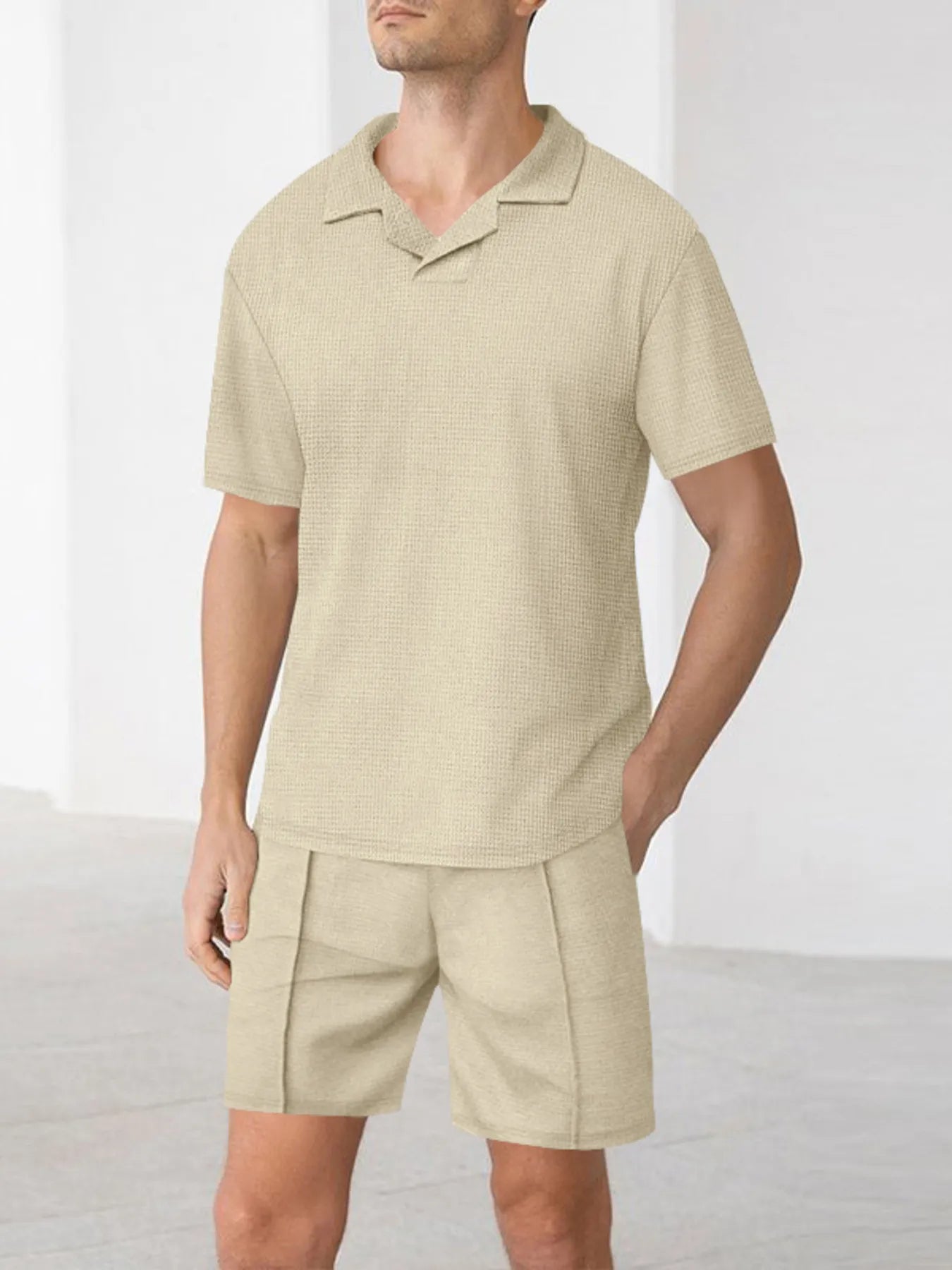 Men's Full Size Short Sleeve Top and Shorts Matching Set Plus Size Khaki Easy Apparels