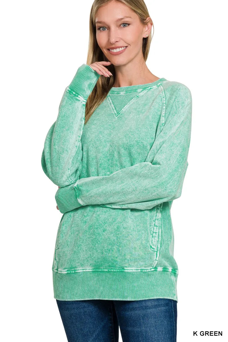 Trendsi Zenana Halo Snow Washed French Terry Round Neck Sweatshirt
