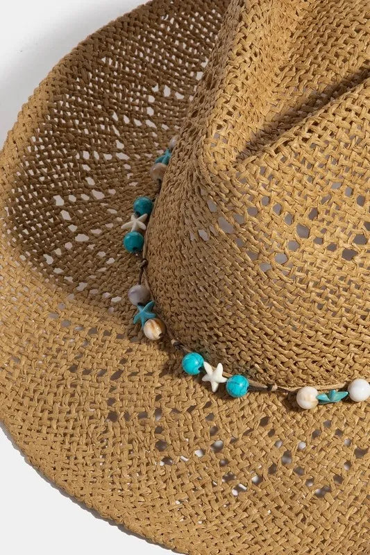 Fame Turquoise and Shell Star Beads Strap Western Straw Hat Easy Apparels