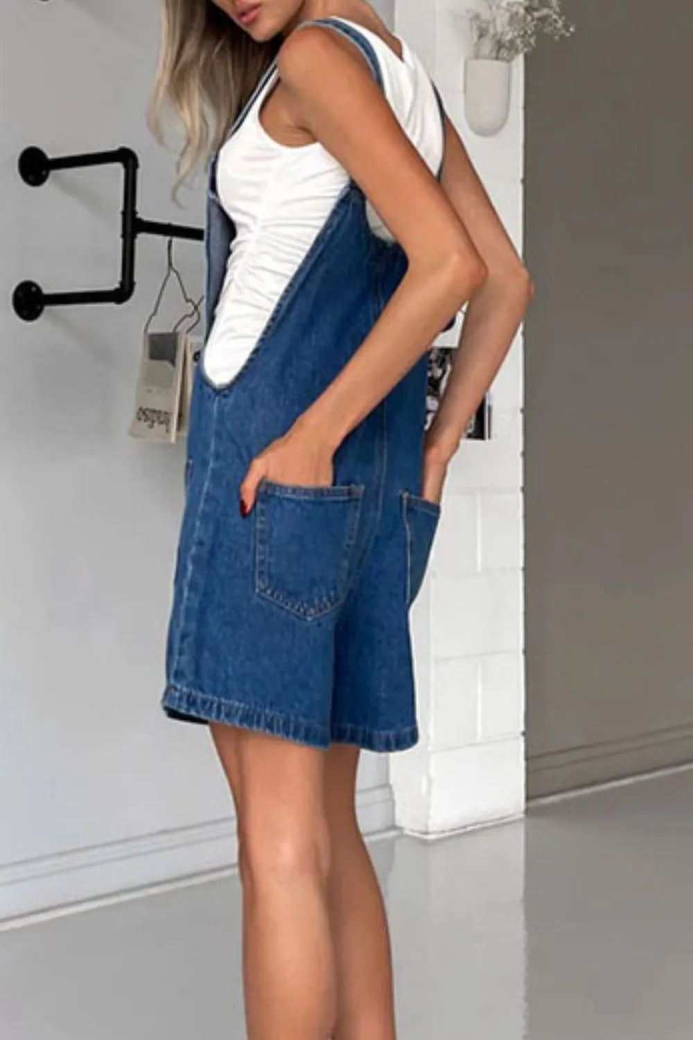Button Front Denim Overall Shorts with Front Pockets Easy Apparels