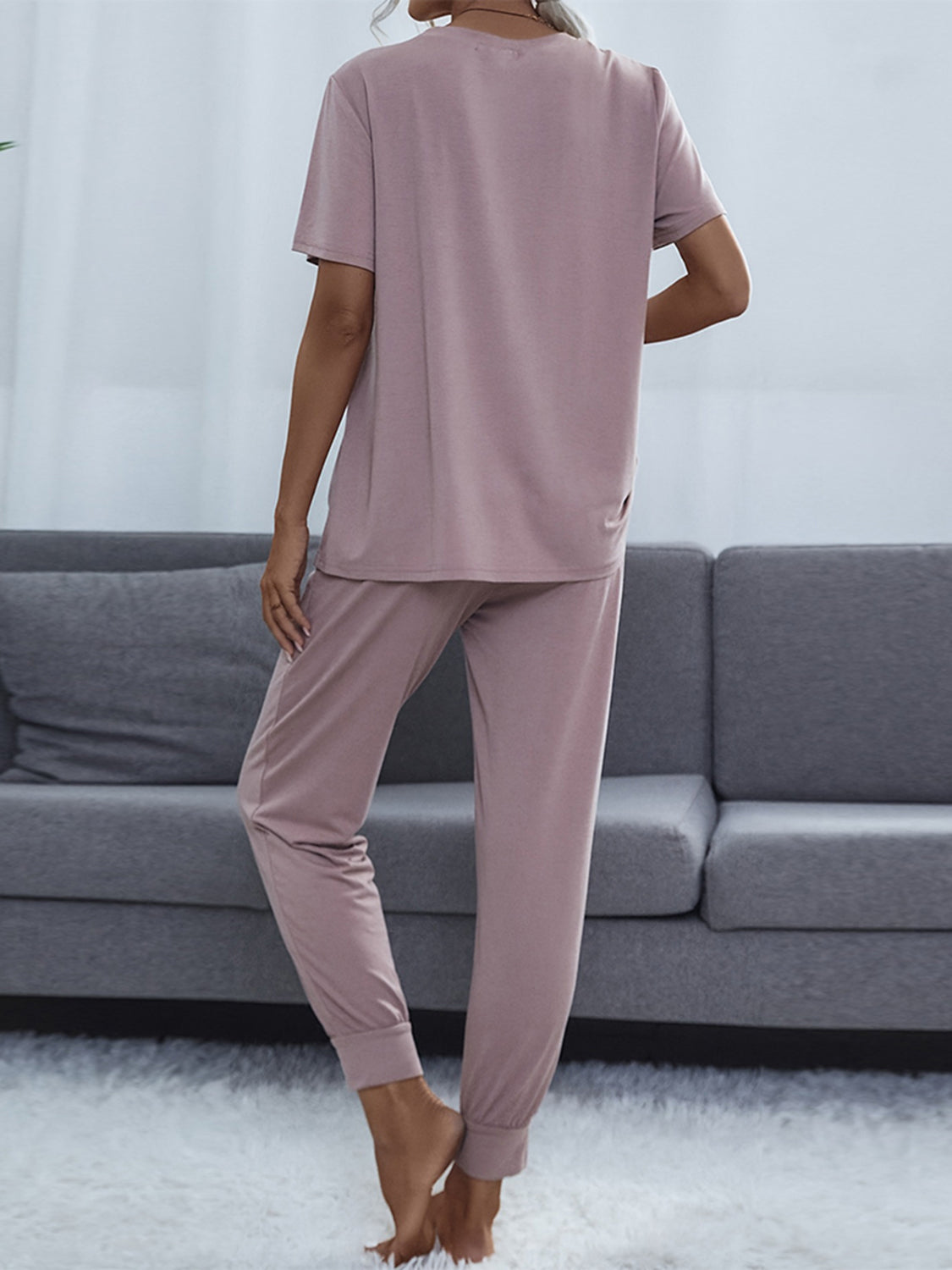 Shiny Round Neck Short Sleeve Top and Pants Set Easy Apparels