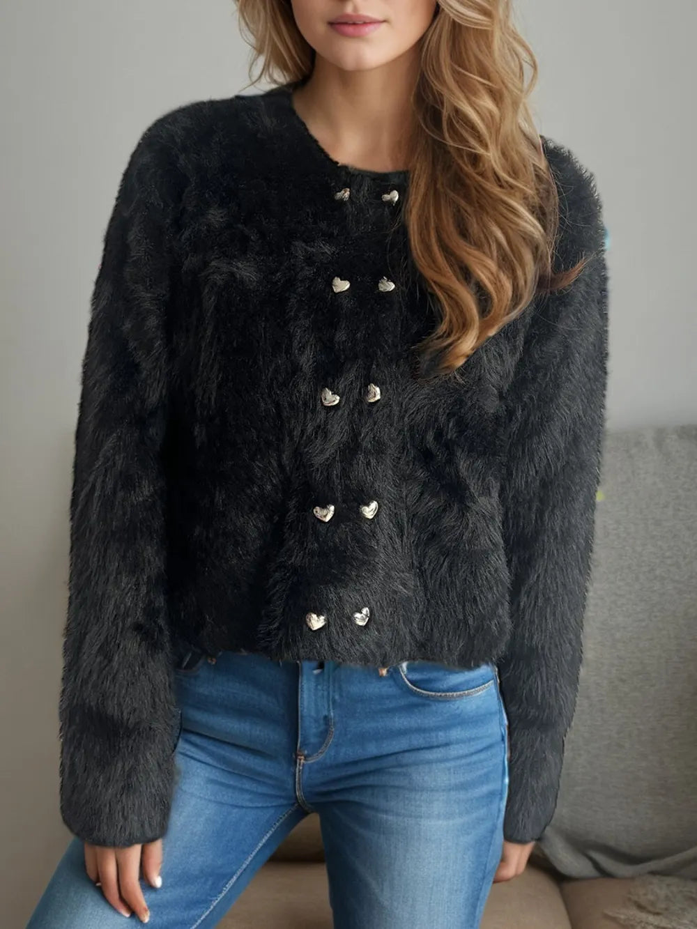 Heart Button Round Neck Cardigan Black One Size Easy Apparels