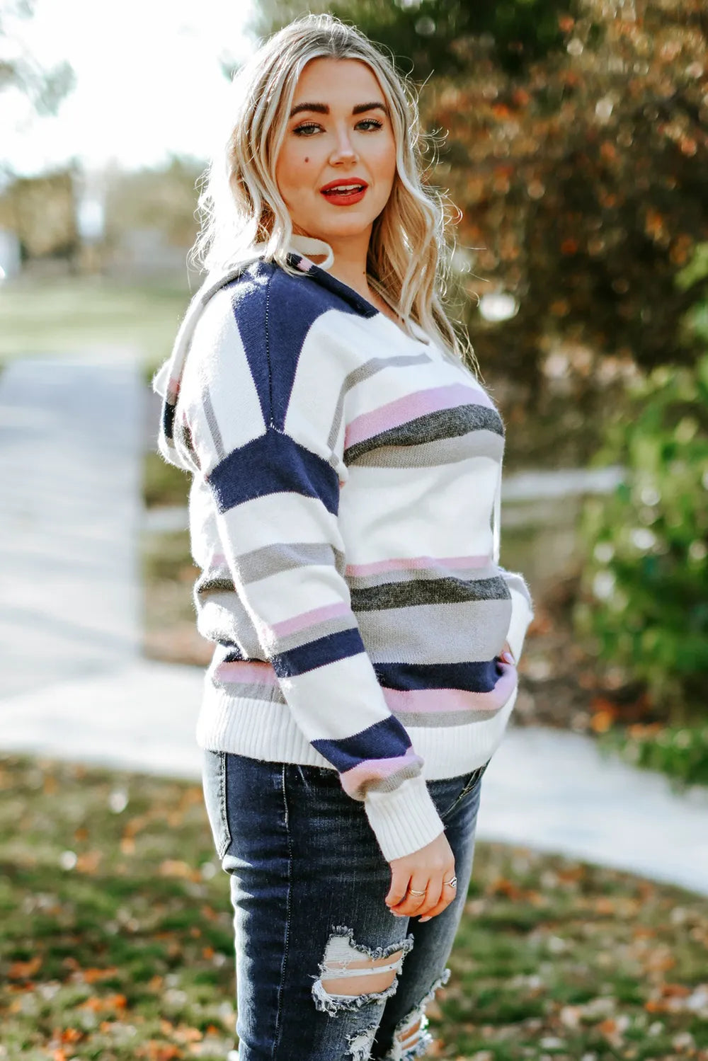 Plus Size Striped Long Sleeve Hooded Sweater Easy Apparels