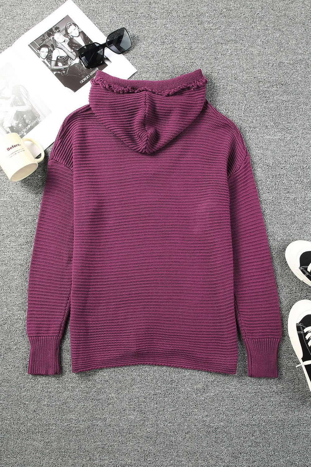 Woven Right Horizontal Ribbing Fringe Trim Hooded Sweater Easy Apparels