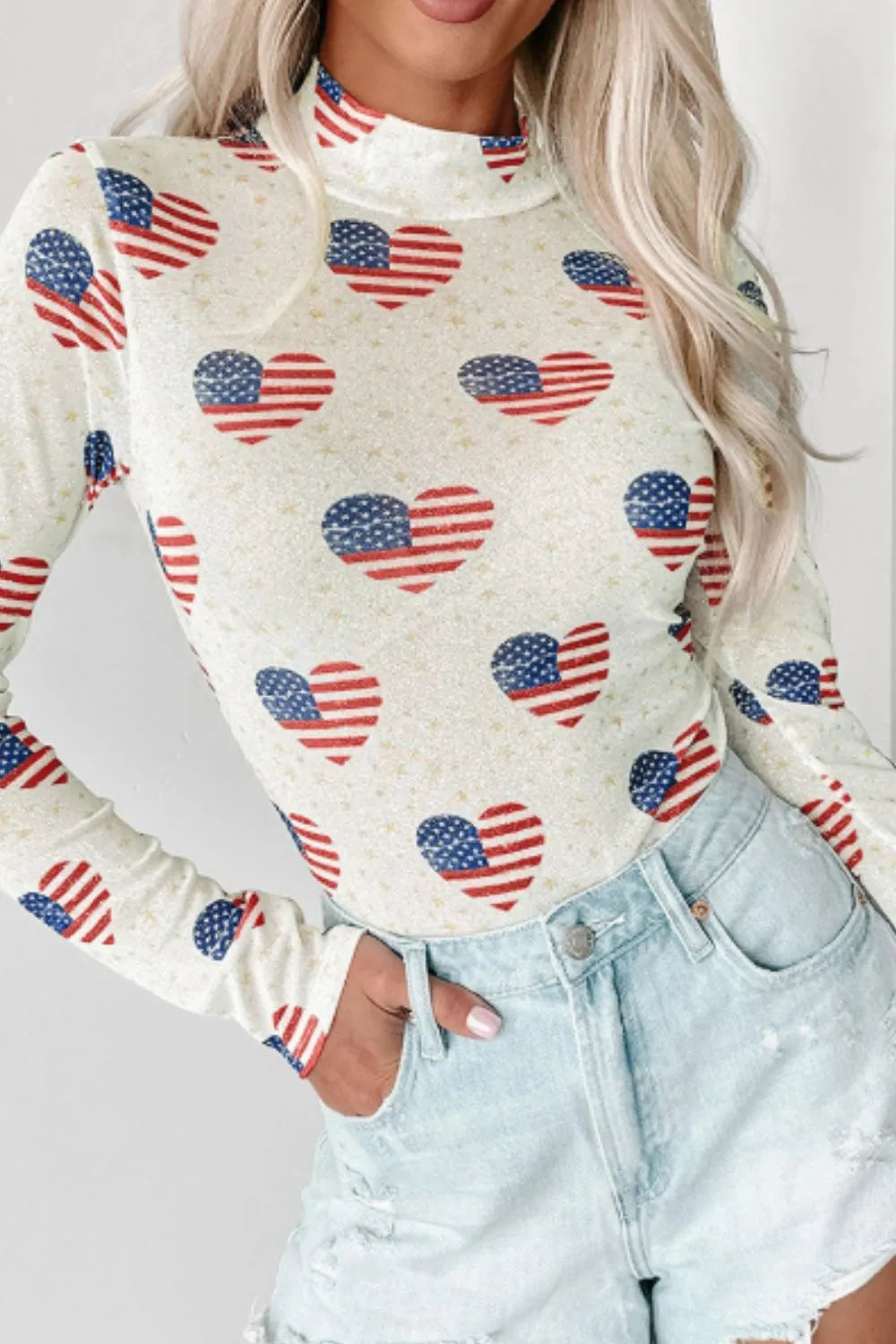 Trendsi US Flag Heart Mock Neck Long Sleeve Bodysuit