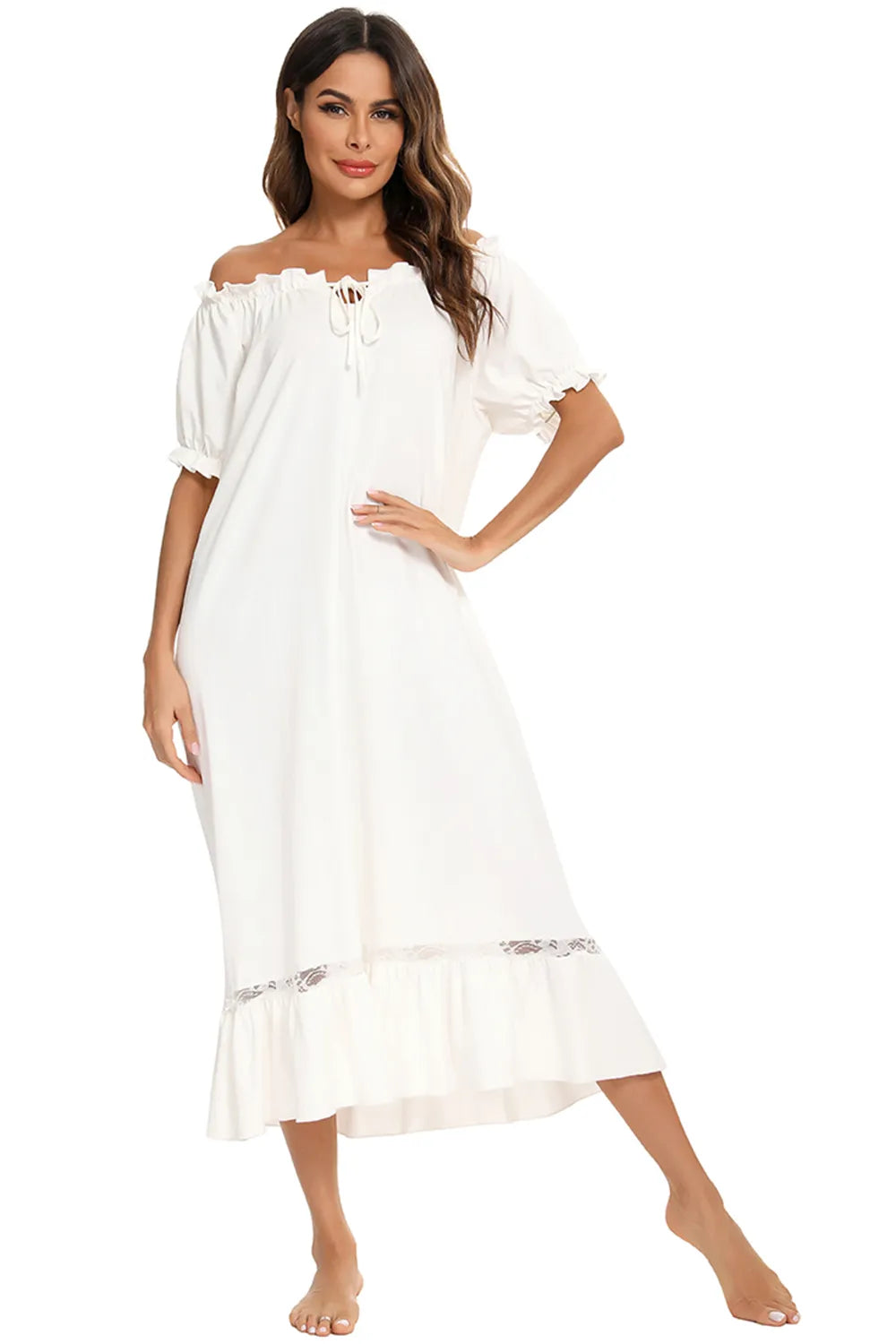 Lace Detail Short Sleeve Lounge Dress Easy Apparels