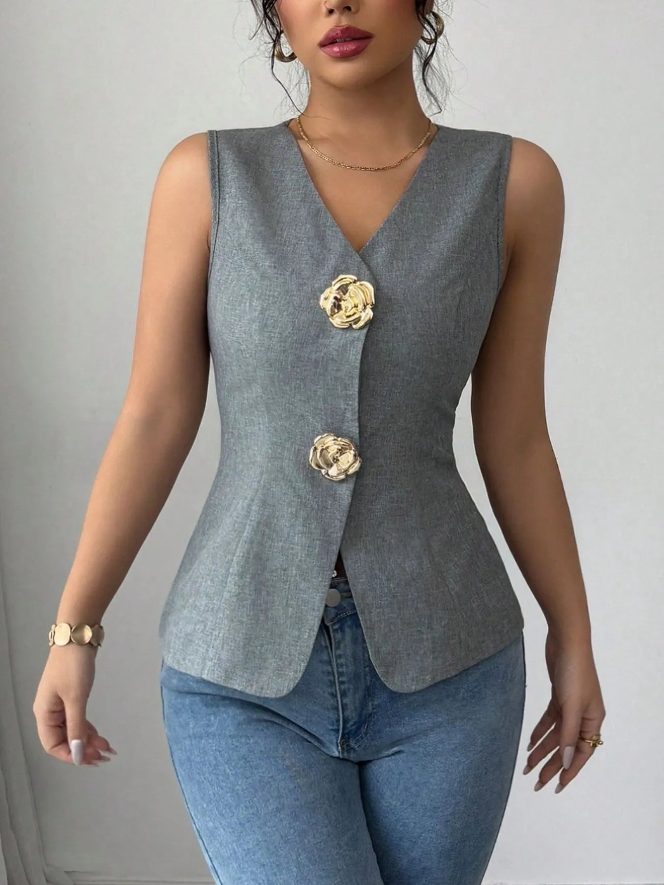 Trendsi V-Neck Button Detail Tank Top Dark Gray