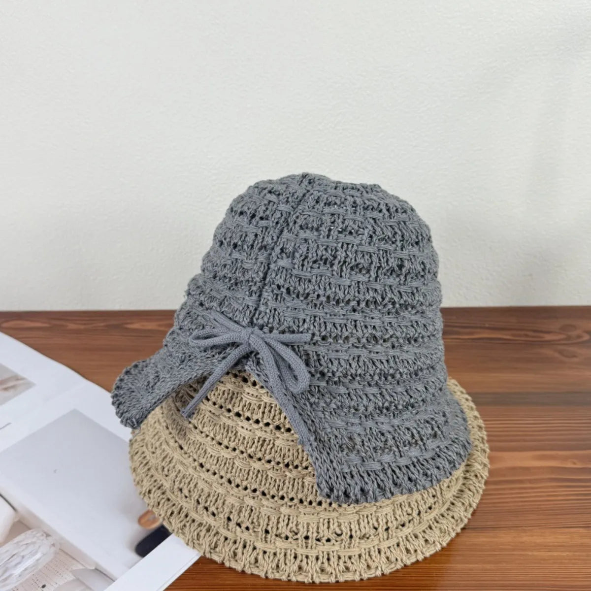Crochet Bucket Hat with Drawstring Gray One Size Easy Apparels