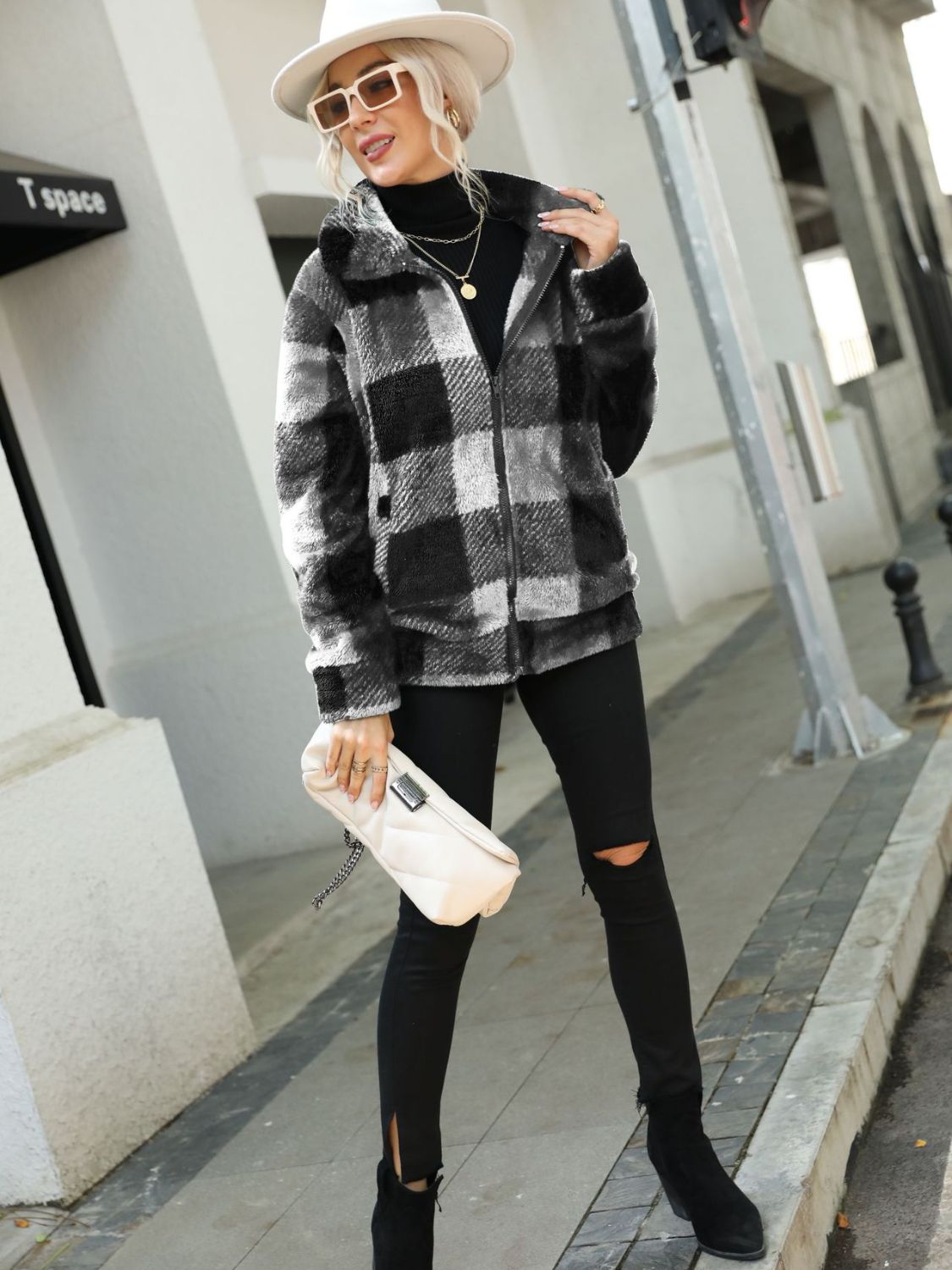 Plaid Zip-Up Collared Jacket Easy Apparels