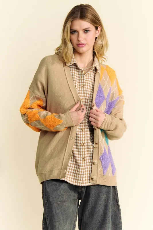 Davi & Dani Argyle V-Neck Dropped Shoulder Cardigan Easy Apparels