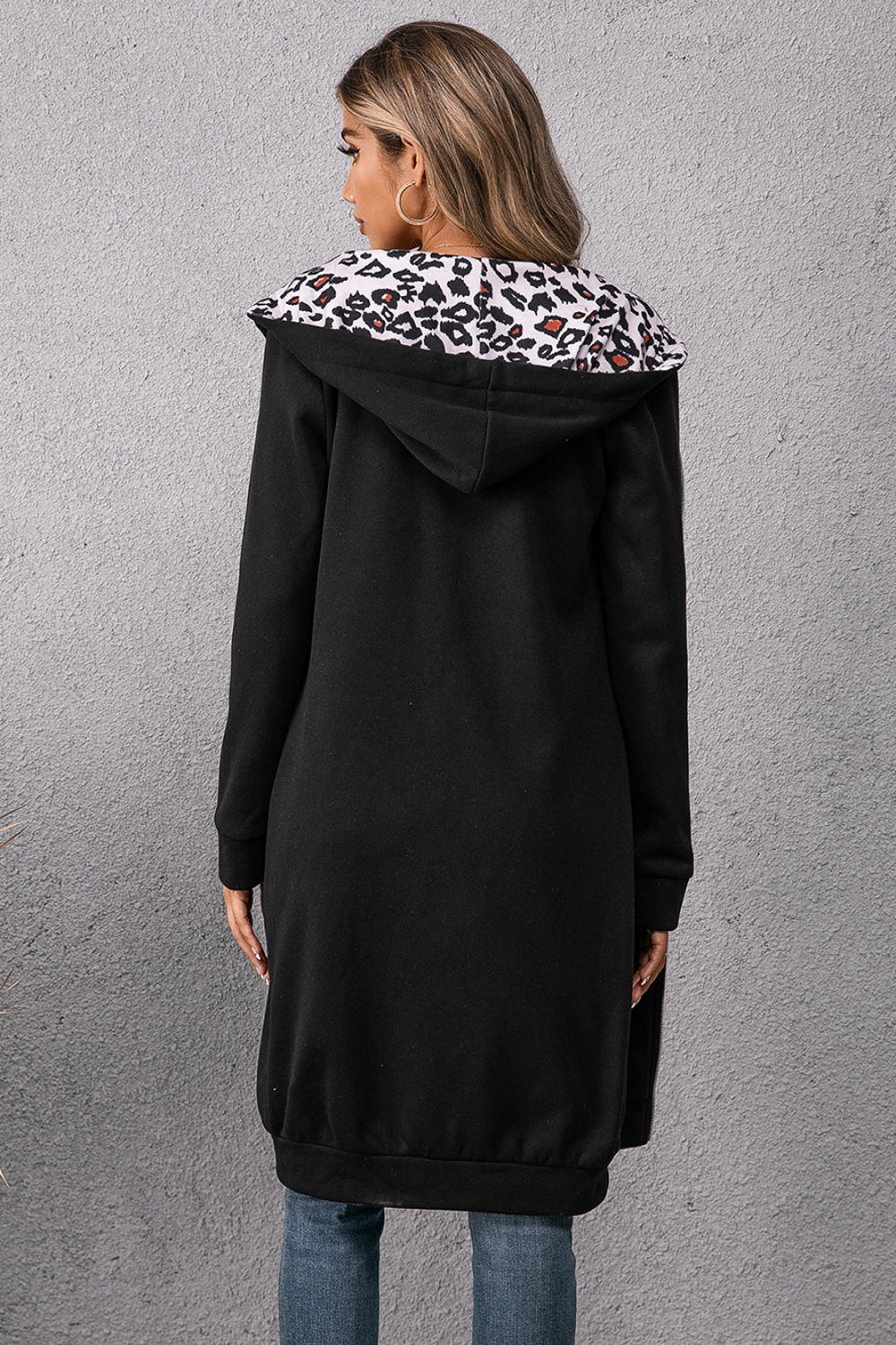 Ivy Lane Leopard Spliced Drawstring Zip Up Hoodie Dress Easy Apparels